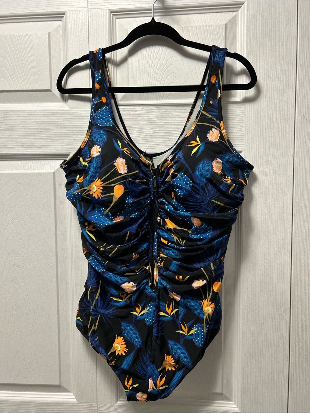 Blue Floral Ruched One-Piece Swimsuit with Front Zip